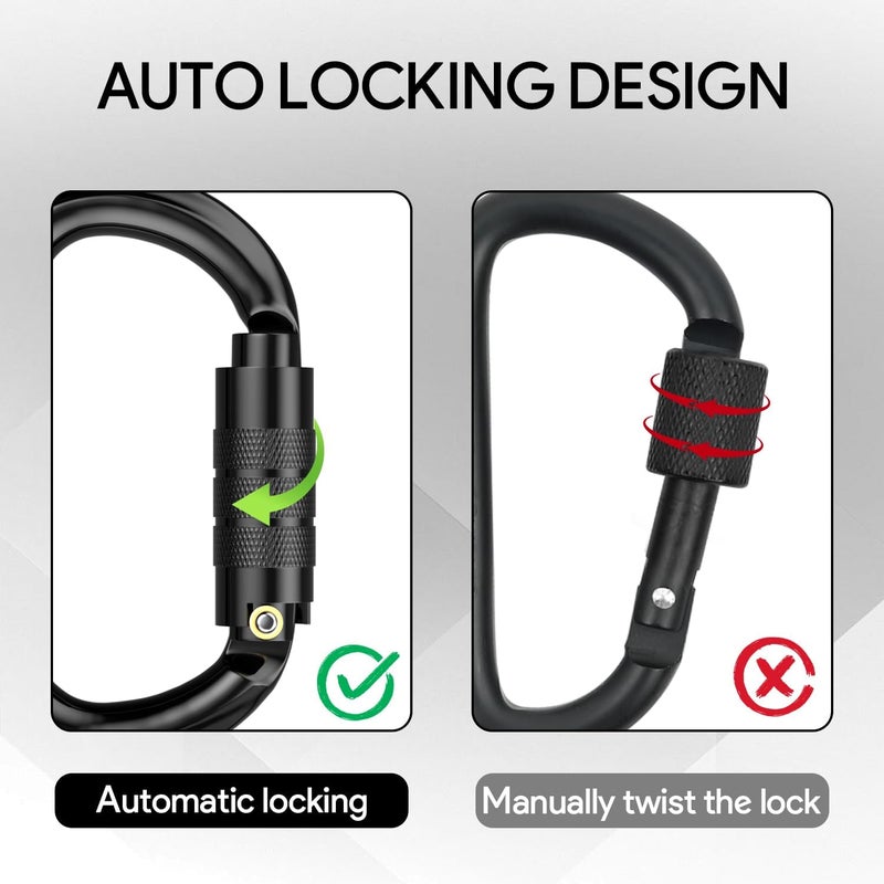 FVW CE Certified Auto Locking Climbing Carabiners, Professional 25KN (5620 lbs) Heavy Duty Caribeaners for Rappelling Swing Rescue & Gym etc, Large D-Shaped Carabiners - Image 4